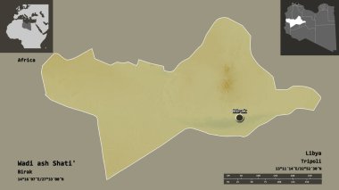 Libya ve başkenti Wadi ash Shati 'nin şekli. Uzaklık ölçeği, ön gösterimler ve etiketler. Topografik yardım haritası. 3B görüntüleme