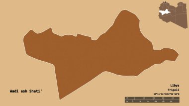 Libya 'nın Wadi ash Shati ilçesi, başkenti sağlam bir zemine sahip. Uzaklık ölçeği, bölge önizlemesi ve etiketleri. Desenli dokuların bileşimi. 3B görüntüleme