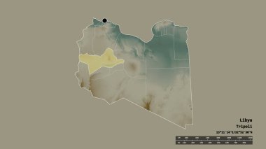 Başkenti, ana bölgesel bölümü ve ayrılan Wadi ash Shati bölgesiyle Libya 'nın dejenere edilmiş şekli. Etiketler. Topografik yardım haritası. 3B görüntüleme