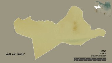 Libya 'nın Wadi ash Shati ilçesi, başkenti sağlam bir zemine sahip. Uzaklık ölçeği, bölge önizlemesi ve etiketleri. Topografik yardım haritası. 3B görüntüleme