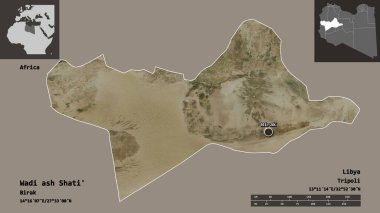 Libya ve başkenti Wadi ash Shati 'nin şekli. Uzaklık ölçeği, ön gösterimler ve etiketler. Uydu görüntüleri. 3B görüntüleme