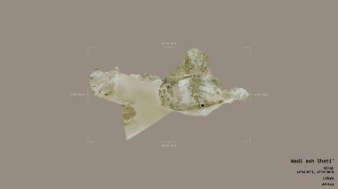 Libya 'nın Wadi ash Shati bölgesindeki bölge, bir sınır kutusunda sağlam bir arka planda izole edilmiş. Etiketler. Uydu görüntüleri. 3B görüntüleme