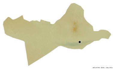 Libya 'nın başkenti Wadi ash Shati' nin beyaz arka planda izole edilmiş hali. Topografik yardım haritası. 3B görüntüleme