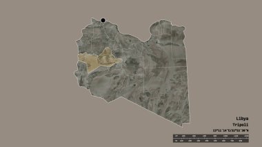 Başkenti, ana bölgesel bölümü ve ayrılan Wadi ash Shati bölgesiyle Libya 'nın dejenere edilmiş şekli. Etiketler. Uydu görüntüleri. 3B görüntüleme
