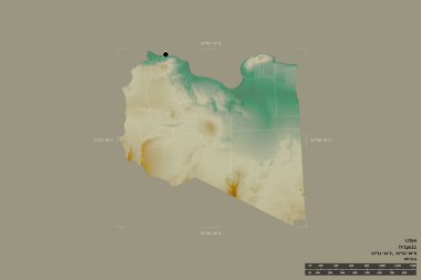 Libya bölgesi jeoreferatlı bir sınır kutusunda sağlam bir arka planda izole edildi. Ana bölgesel bölüm, mesafe ölçeği, etiketler. Topografik yardım haritası. 3B görüntüleme