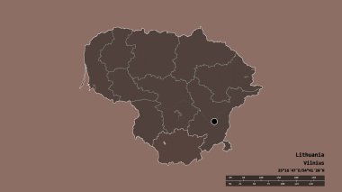 Başkenti, ana bölgesel bölümü ve ayrılmış Alytaus bölgesi ile Litvanya 'nın dejenere edilmiş şekli. Etiketler. Renkli yükseklik haritası. 3B görüntüleme