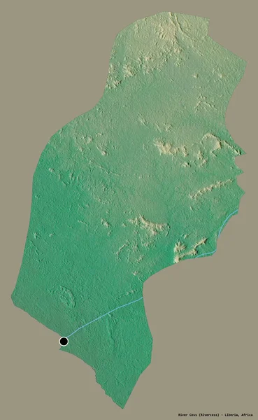 Liberya 'nın Cess Nehri' nin şekli, başkenti katı bir renk arkaplanı ile izole edilmiştir. Topografik yardım haritası. 3B görüntüleme