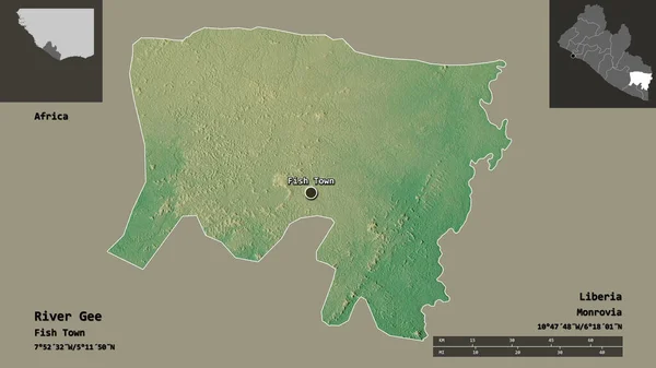 利比里亚吉河形状 距离刻度 预览和标签 地形浮雕图 3D渲染 — 图库照片