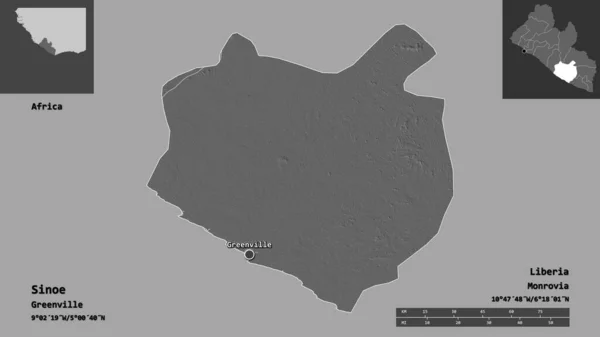 利比里亚锡诺州的形状及其首府 距离刻度 预览和标签 Bilevel高程图 3D渲染 — 图库照片