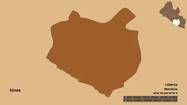 リベリア共和国のシノエ県の形で その首都はしっかりとした背景に孤立しています 距離スケール リージョンプレビュー およびラベル パターン化されたテクスチャの構成 3Dレンダリング — ストック写真