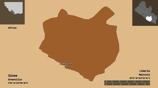 利比里亚锡诺州的形状及其首府 距离刻度 预览和标签 图形纹理的组成 3D渲染 — 图库照片