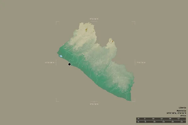 Area of Liberia isolated on a solid background in a georeferenced bounding box. Main regional division, distance scale, labels. Topographic relief map. 3D rendering
