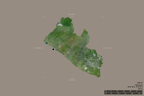 Area of Liberia isolated on a solid background in a georeferenced bounding box. Main regional division, distance scale, labels. Satellite imagery. 3D rendering