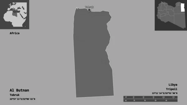 Shape Butnan District Libya Its Capital Distance Scale Previews Labels — Stock Photo, Image