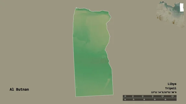 リビアの地区であるAl Butnanの形は その首都をしっかりとした背景に孤立させています 距離スケール リージョンプレビュー およびラベル 地形図 3Dレンダリング — ストック写真