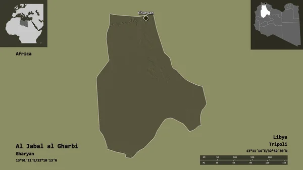 利比亚地区Al Jabal Gharbi的形状及其首都 距离刻度 预览和标签 彩色高程图 3D渲染 — 图库照片