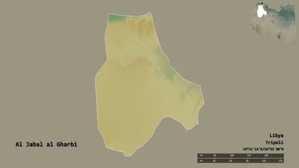 リビアの地区であるAl Jabal Gharbiの形で その首都はしっかりとした背景に孤立しています 距離スケール リージョンプレビュー およびラベル 地形図 3Dレンダリング — ストック写真