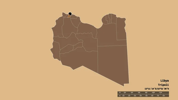 Zdesperowany Kształt Libii Jej Stolicą Głównym Oddziałem Regionalnym Oddzielonym Obszarem — Zdjęcie stockowe