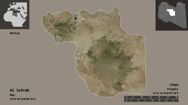 利比亚Al Jufrah区的形状及其首都 距离刻度 预览和标签 卫星图像 3D渲染 — 图库照片