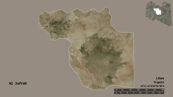 リビアの地区であるAl Jufrhの形で その資本はしっかりとした背景に隔離されています 距離スケール リージョンプレビュー およびラベル 衛星画像 3Dレンダリング — ストック写真