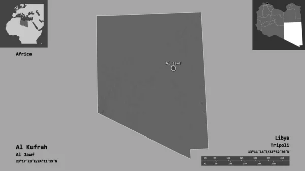 Form Kufrah Distriktet Libyen Och Dess Huvudstad Avståndsskala Förhandsvisningar Och — Stockfoto