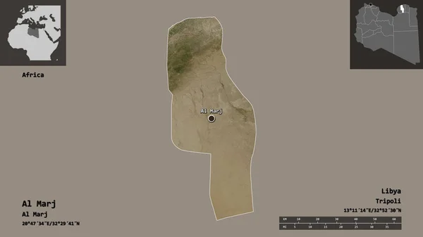 利比亚地区的Al Marj形状及其首都 距离刻度 预览和标签 卫星图像 3D渲染 — 图库照片