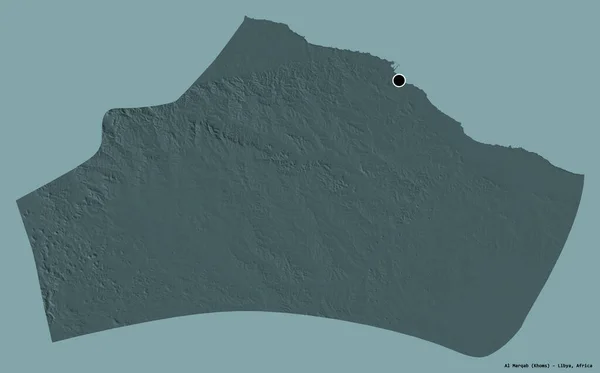 利比亚Al Marqab区的形状 其首都以纯色背景隔离 彩色高程图 3D渲染 — 图库照片