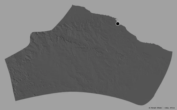 利比亚Al Marqab区的形状 其首都以纯色背景隔离 Bilevel高程图 3D渲染 — 图库照片