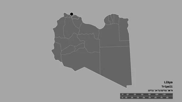 以首都 主要区域分部和分离的Al Marqab地区为首都的利比亚的绝望状态 Bilevel高程图 3D渲染 — 图库照片