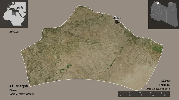Al Marqab 'ın şekli, Libya bölgesi ve başkenti. Uzaklık ölçeği, ön gösterimler ve etiketler. Uydu görüntüleri. 3B görüntüleme
