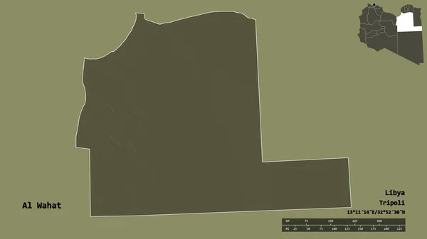 利比亚瓦哈特区的形状 其首都在坚实的背景下与世隔绝 距离尺度 区域预览和标签 彩色高程图 3D渲染 — 图库照片