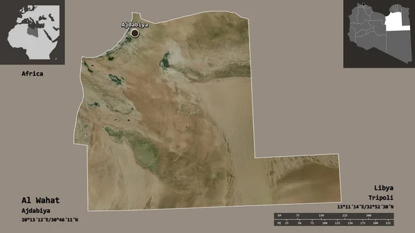 リビアの地区アル ワハットとその首都の形 距離スケール プレビューおよびラベル 衛星画像 3Dレンダリング — ストック写真