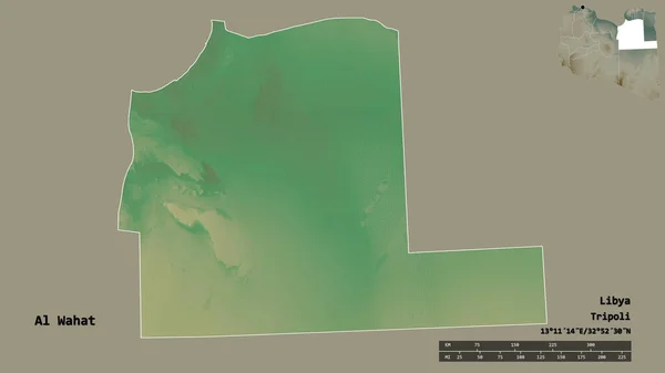 リビアの地区であるAl Wahatの形で その首都はしっかりとした背景に孤立しています 距離スケール リージョンプレビュー およびラベル 地形図 3Dレンダリング — ストック写真