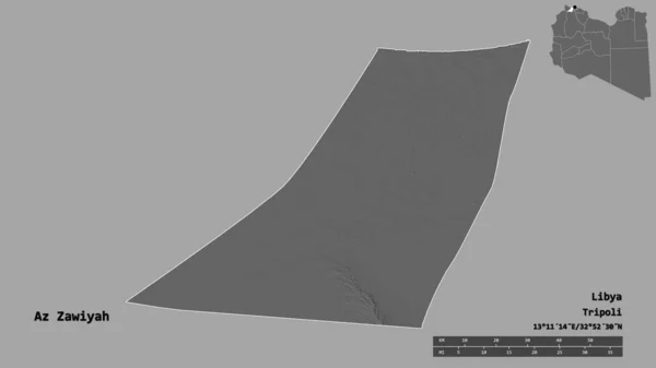 利比亚Az Zawiyah区的形状 其首都在坚实的背景下与世隔绝 距离尺度 区域预览和标签 Bilevel高程图 3D渲染 — 图库照片
