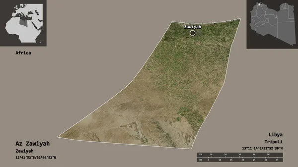 利比亚Az Zawiyah地区的形状及其首都 距离刻度 预览和标签 卫星图像 3D渲染 — 图库照片