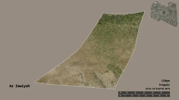リビアの地区であるAz Zawiyahの形 その首都はしっかりとした背景に孤立しています 距離スケール リージョンプレビュー およびラベル 衛星画像 3Dレンダリング — ストック写真