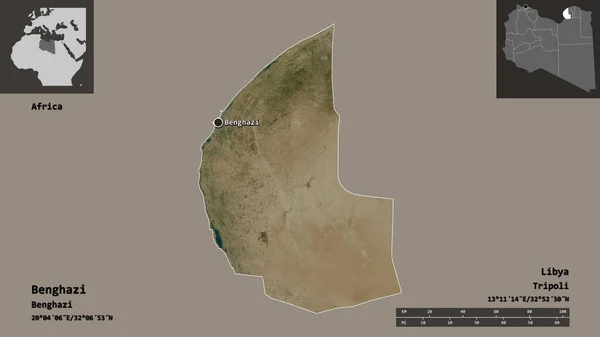 ベンガジの形 リビアの地区 およびその首都 距離スケール プレビューおよびラベル 衛星画像 3Dレンダリング — ストック写真