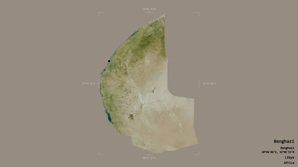 リビアの地区であるベンガジの地域は 洗練された境界ボックス内の強固な背景に隔離されています ラベル 衛星画像 3Dレンダリング — ストック写真