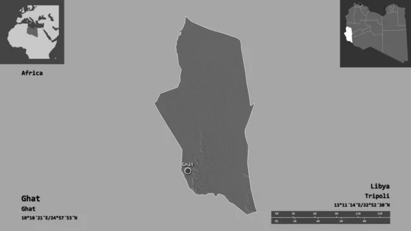 ギャットの形 リビアの地区 およびその首都 距離スケール プレビューおよびラベル 標高マップ 3Dレンダリング — ストック写真