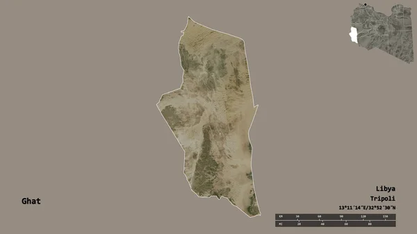 利比亚Ghat区的形状 其首都在坚实的背景下与世隔绝 距离尺度 区域预览和标签 卫星图像 3D渲染 — 图库照片