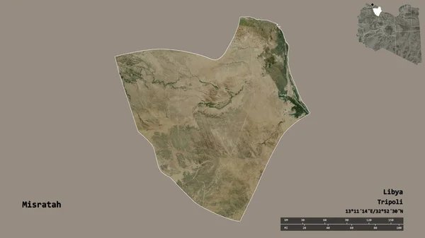 利比亚地区Misratah的形状 其首都在坚实的背景下与世隔绝 距离尺度 区域预览和标签 卫星图像 3D渲染 — 图库照片