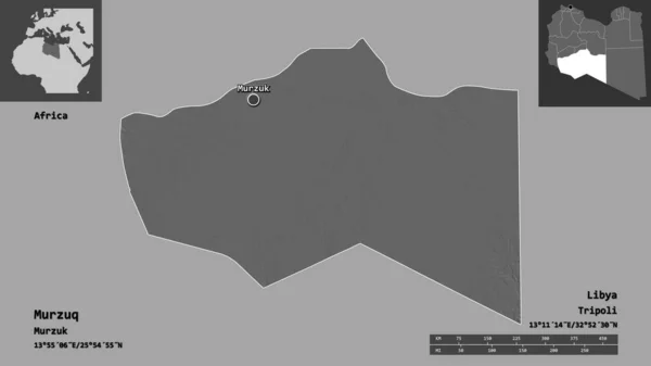 Shape Murzuq District Libya Its Capital Distance Scale Previews Labels — Stock Photo, Image