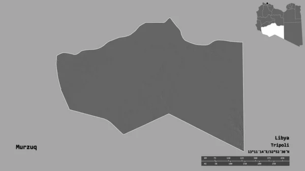 利比亚Murzuq区的形状 其首都在坚实的背景下与世隔绝 距离尺度 区域预览和标签 Bilevel高程图 3D渲染 — 图库照片