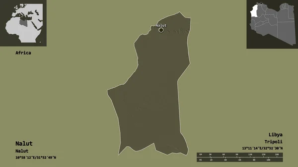 ナルトの形 リビアの地区 およびその首都 距離スケール プレビューおよびラベル 色の標高マップ 3Dレンダリング — ストック写真