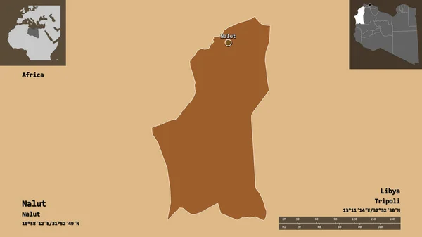 ナルトの形 リビアの地区 およびその首都 距離スケール プレビューおよびラベル パターン化されたテクスチャの構成 3Dレンダリング — ストック写真