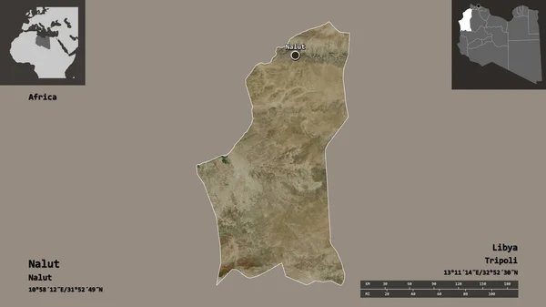 ナルトの形 リビアの地区 およびその首都 距離スケール プレビューおよびラベル 衛星画像 3Dレンダリング — ストック写真
