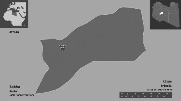 Shape Sabha District Libya Its Capital Distance Scale Previews Labels — Stock Photo, Image