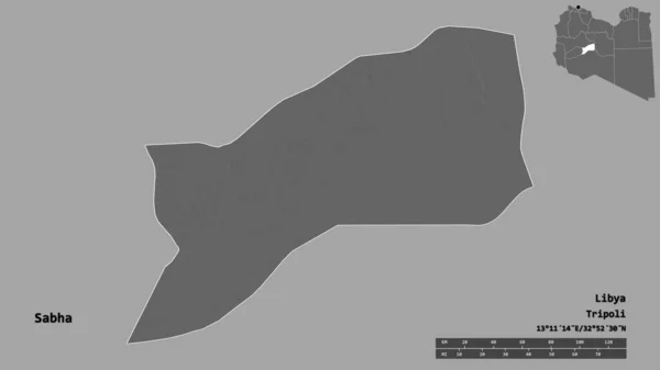 利比亚Sabha区的形状 其首都在坚实的背景下与世隔绝 距离尺度 区域预览和标签 Bilevel高程图 3D渲染 — 图库照片