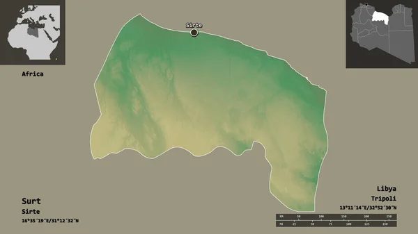 Surt Şekli Libya Bölgesi Başkenti Uzaklık Ölçeği Gösterimler Etiketler Topografik — Stok fotoğraf