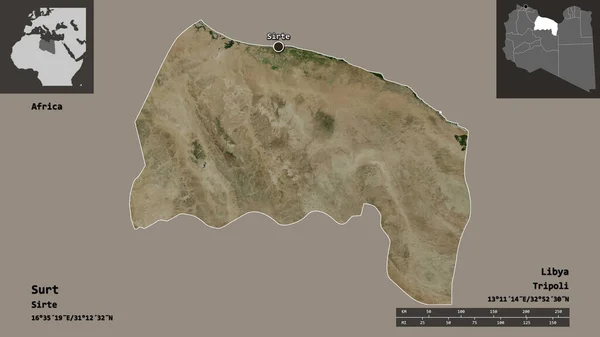 苏尔特的形状 利比亚地区 及其首都 距离刻度 预览和标签 卫星图像 3D渲染 — 图库照片